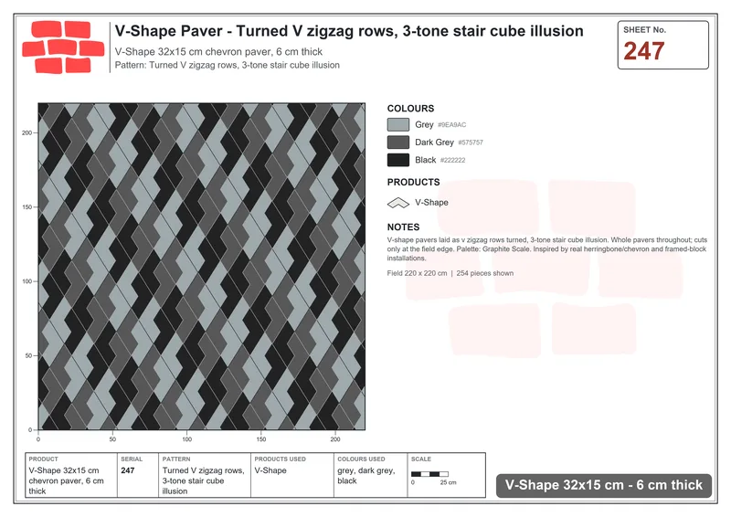 Interlock (Pasco) 32x15 cm · VSH-247 · Turned V zigzag rows, 3-tone stair cube illusion · Laying plan Interlock (Pasco) 32x15 cm · VSH-247 · Turned V zigzag rows, 3-tone stair cube illusion · Laying plan