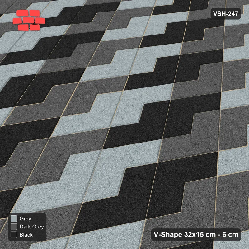 Interlock (Pasco) 32x15 cm · VSH-247 · Turned V zigzag rows, 3-tone stair cube illusion · Side view Interlock (Pasco) 32x15 cm · VSH-247 · Turned V zigzag rows, 3-tone stair cube illusion · Side view