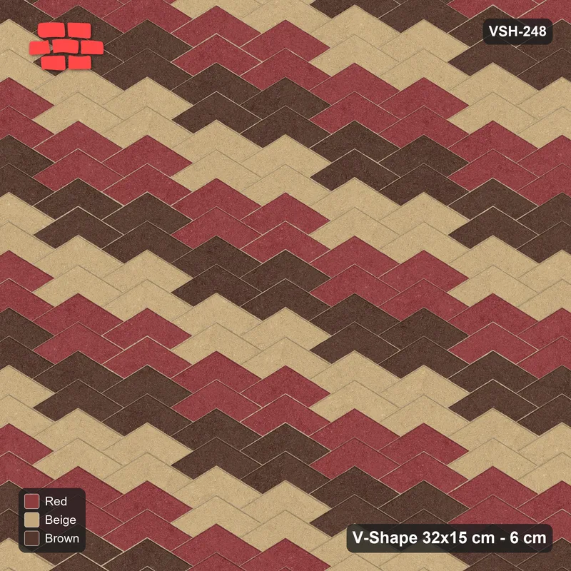 Interlock (Pasco) 32x15 cm · VSH-248 · V chevron columns, 3-tone wide stair diagonals, kerbed · Top view Interlock (Pasco) 32x15 cm · VSH-248 · V chevron columns, 3-tone wide stair diagonals, kerbed · Top view