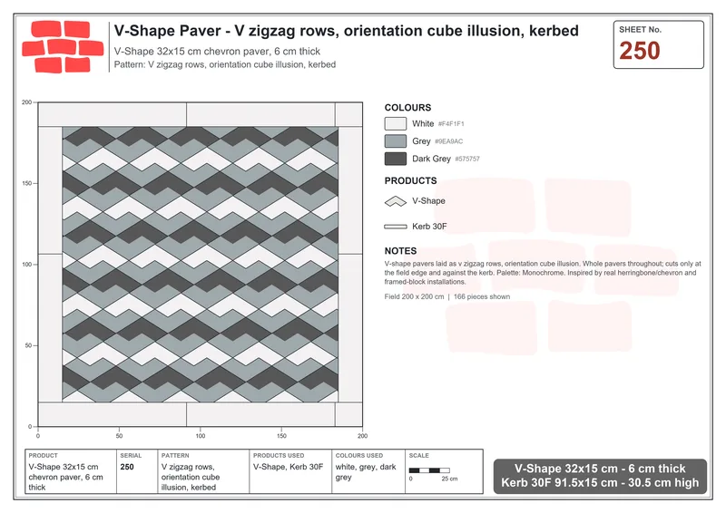 Interlock (Pasco) 32x15 cm · VSH-250 · V zigzag rows, orientation cube illusion, kerbed · Laying plan Interlock (Pasco) 32x15 cm · VSH-250 · V zigzag rows, orientation cube illusion, kerbed · Laying plan
