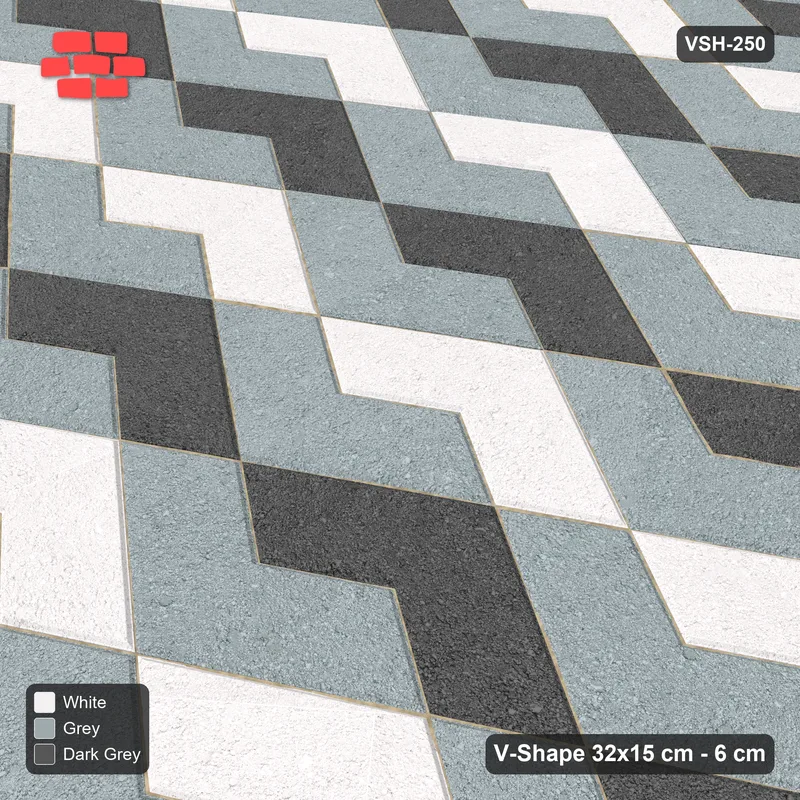 Interlock (Pasco) 32x15 cm · VSH-250 · V zigzag rows, orientation cube illusion, kerbed · Side view Interlock (Pasco) 32x15 cm · VSH-250 · V zigzag rows, orientation cube illusion, kerbed · Side view