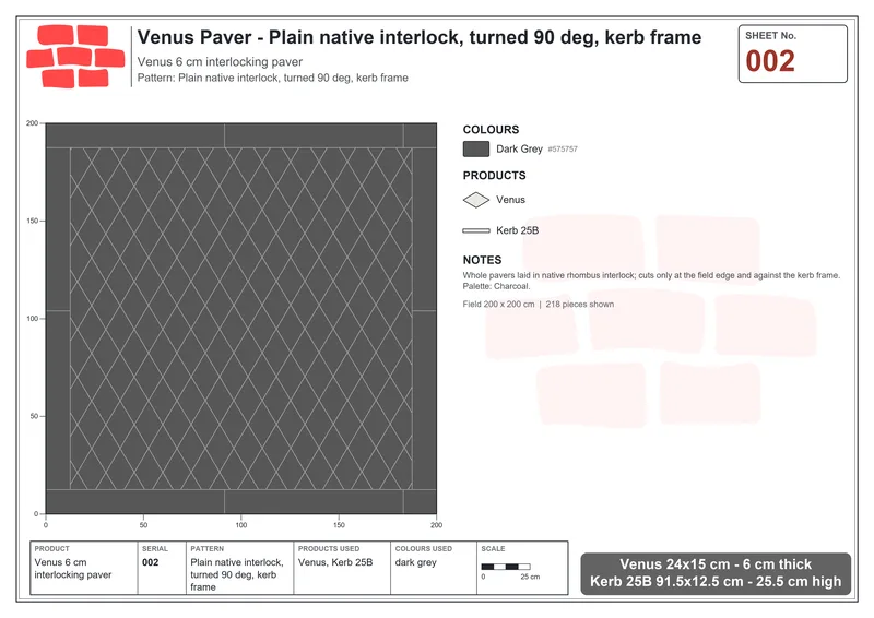 Interlock (Pasco) 24x15 cm · VEN-002 · Plain native interlock, turned 90 deg, kerb frame · Laying plan