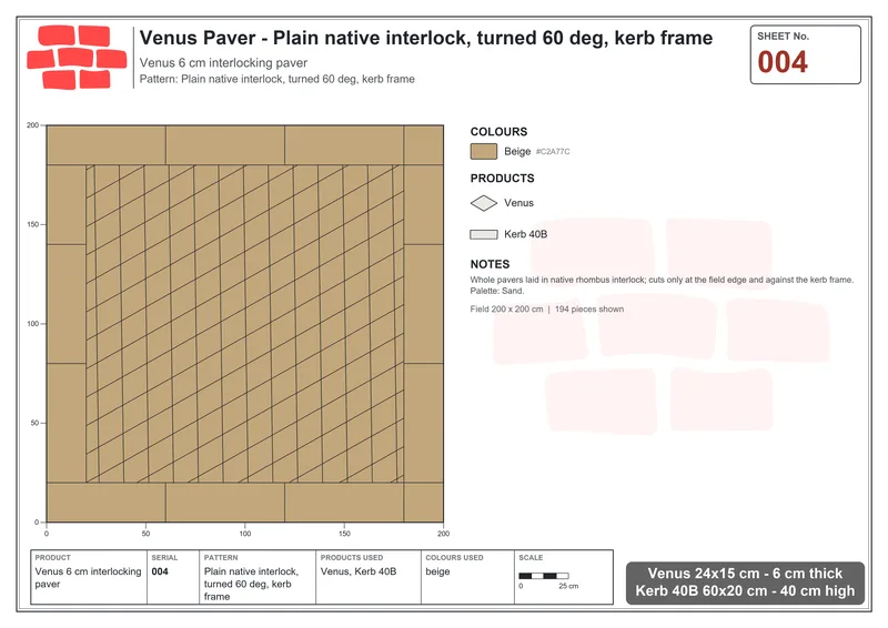 Interlock (Pasco) 24x15 cm · VEN-004 · Plain native interlock, turned 60 deg, kerb frame · Laying plan