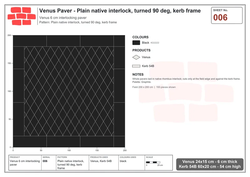 Interlock (Pasco) 24x15 cm · VEN-006 · Plain native interlock, turned 90 deg, kerb frame · Laying plan