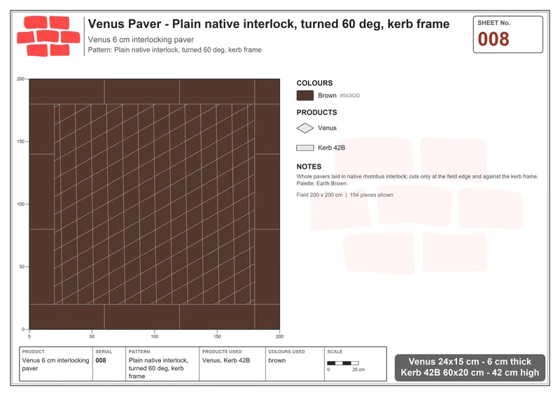 Interlock (Pasco) 24x15 cm · VEN-008 · Plain native interlock, turned 60 deg, kerb frame · Laying plan