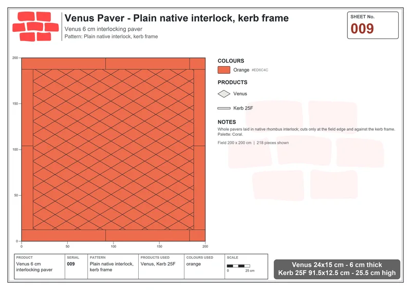 Interlock (Pasco) 24x15 cm · VEN-009 · Plain native interlock, kerb frame · Laying plan