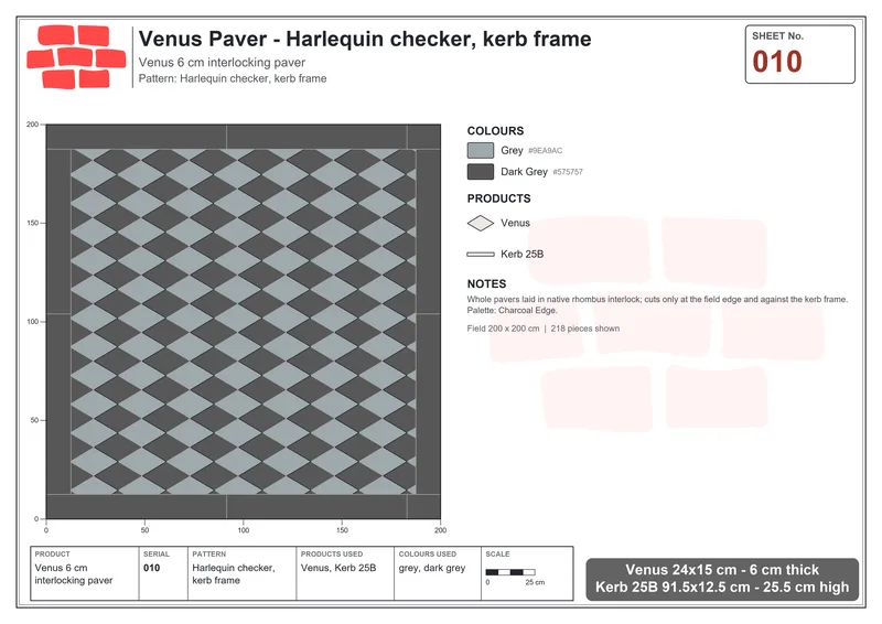 Interlock (Pasco) 24x15 cm · VEN-010 · Harlequin checker, kerb frame · Laying plan