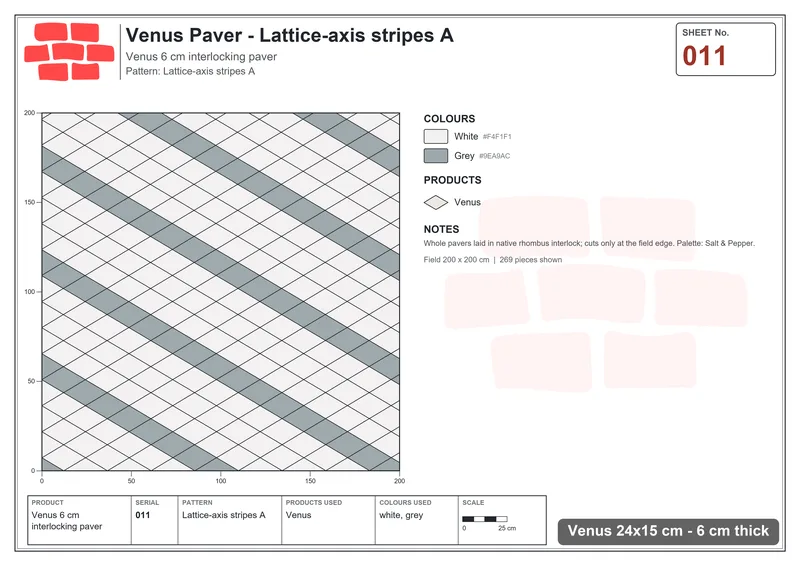 Interlock (Pasco) 24x15 cm · VEN-011 · Lattice-axis stripes A · Laying plan
