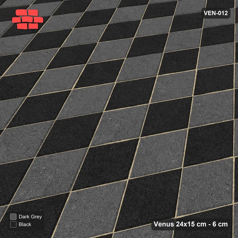 Interlock (Pasco) 24x15 cm · VEN-012 · Zigzag chevron courses, turned 90 deg, kerb frame · Side view Interlock (Pasco) 24x15 cm · VEN-012 · Zigzag chevron courses, turned 90 deg, kerb frame · Side view