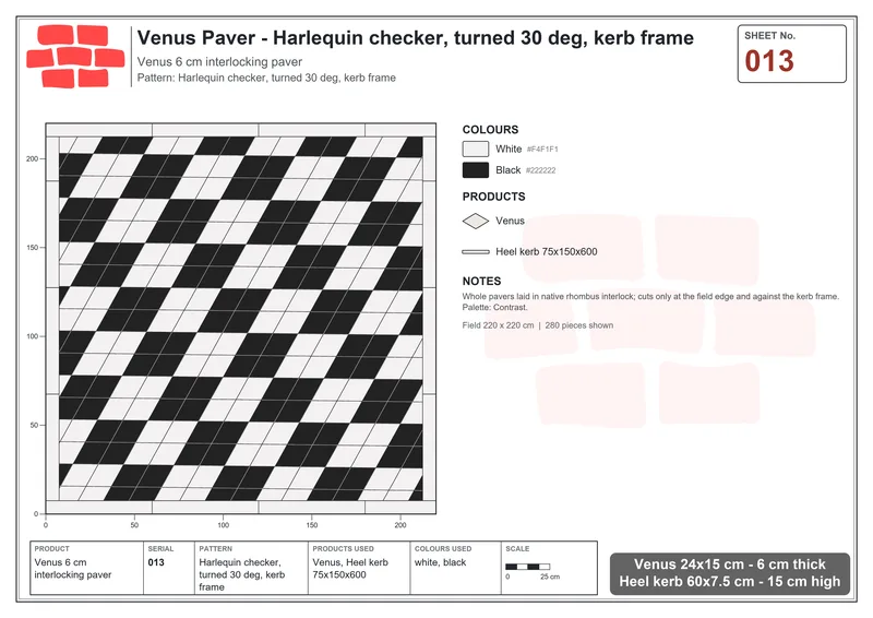 Interlock (Pasco) 24x15 cm · VEN-013 · Harlequin checker, turned 30 deg, kerb frame · Laying plan
