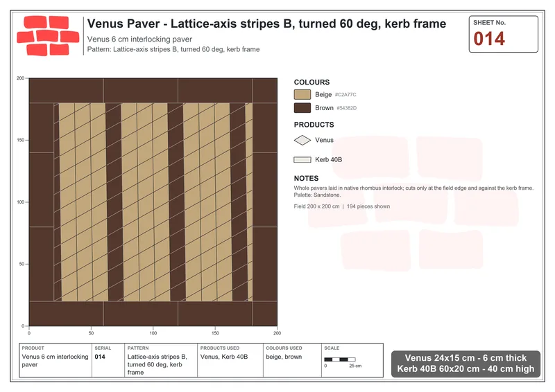 Interlock (Pasco) 24x15 cm · VEN-014 · Lattice-axis stripes B, turned 60 deg, kerb frame · Laying plan