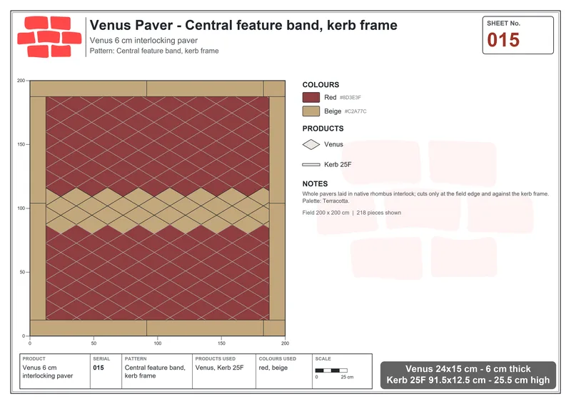 Interlock (Pasco) 24x15 cm · VEN-015 · Central feature band, kerb frame · Laying plan