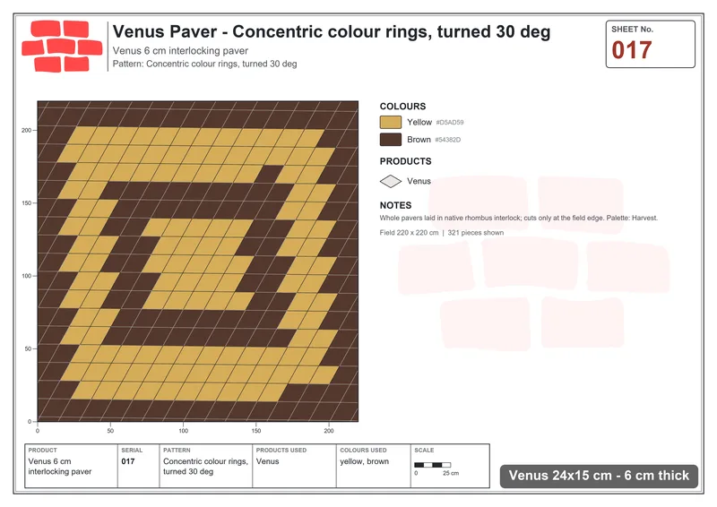 Interlock (Pasco) 24x15 cm · VEN-017 · Concentric colour rings, turned 30 deg · Laying plan