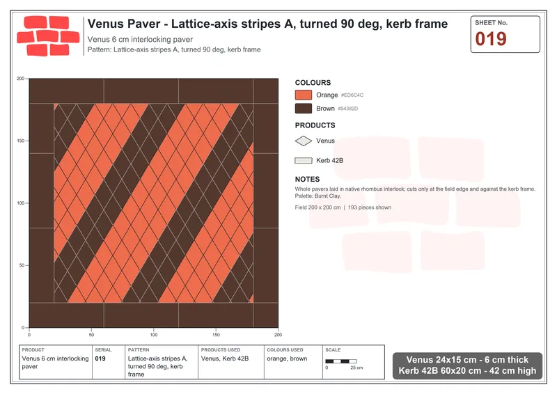 Interlock (Pasco) 24x15 cm · VEN-019 · Lattice-axis stripes A, turned 90 deg, kerb frame · Laying plan