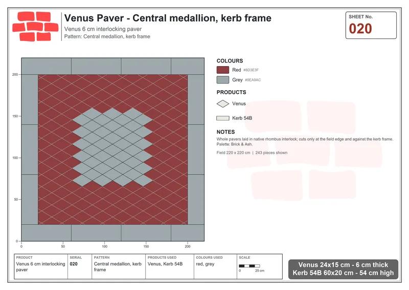 Interlock (Pasco) 24x15 cm · VEN-020 · Central medallion, kerb frame · Laying plan