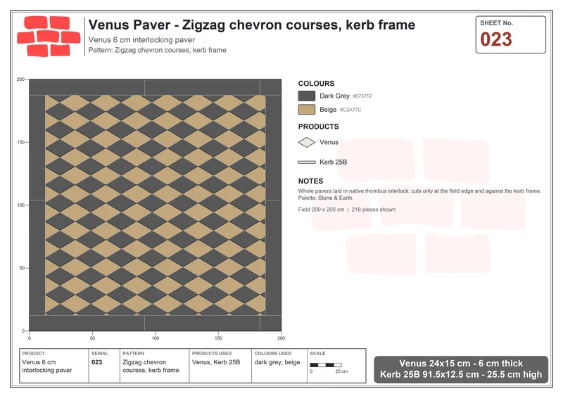 Interlock (Pasco) 24x15 cm · VEN-023 · Zigzag chevron courses, kerb frame · Laying plan