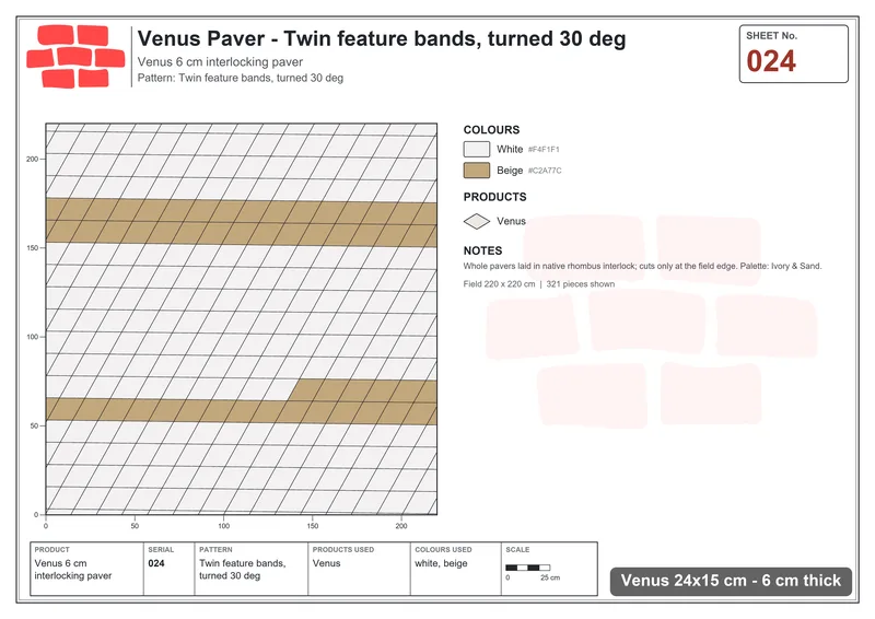Interlock (Pasco) 24x15 cm · VEN-024 · Twin feature bands, turned 30 deg · Laying plan