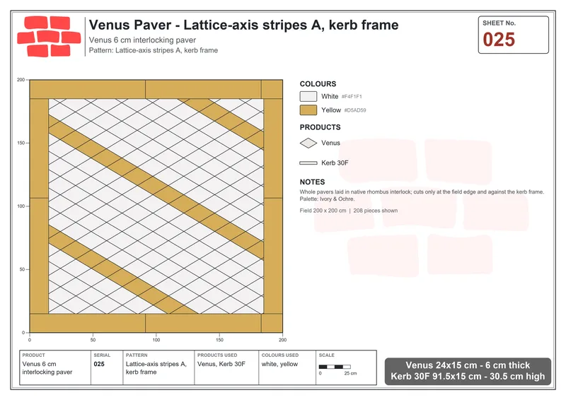 Interlock (Pasco) 24x15 cm · VEN-025 · Lattice-axis stripes A, kerb frame · Laying plan