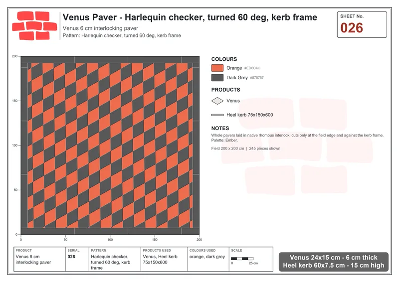 Interlock (Pasco) 24x15 cm · VEN-026 · Harlequin checker, turned 60 deg, kerb frame · Laying plan