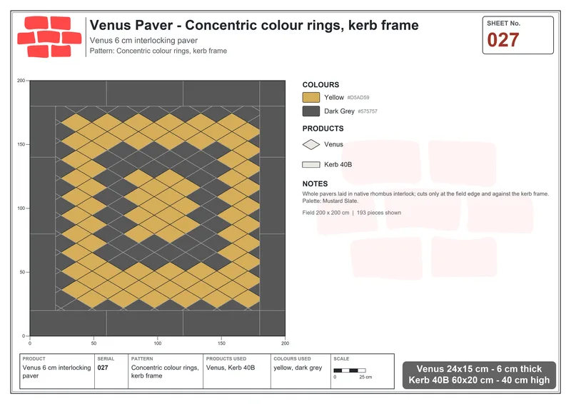 Interlock (Pasco) 24x15 cm · VEN-027 · Concentric colour rings, kerb frame · Laying plan