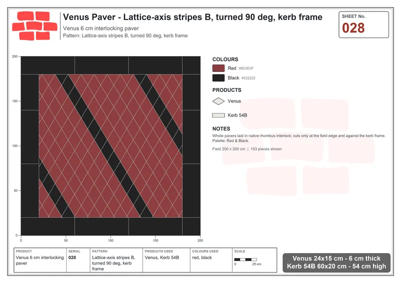 Interlock (Pasco) 24x15 cm · VEN-028 · Lattice-axis stripes B, turned 90 deg, kerb frame · Laying plan