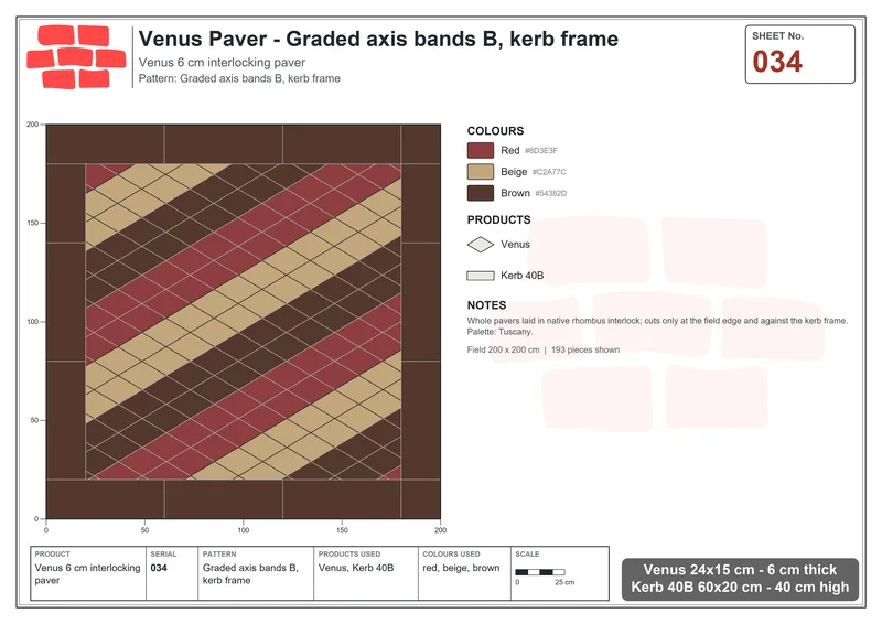 Interlock (Pasco) 24x15 cm · VEN-034 · Graded axis bands B, kerb frame · Laying plan