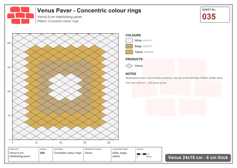 Interlock (Pasco) 24x15 cm · VEN-035 · Concentric colour rings · Laying plan