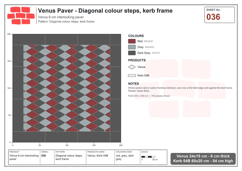 Interlock (Pasco) 24x15 cm · VEN-036 · Diagonal colour steps, kerb frame · Laying plan