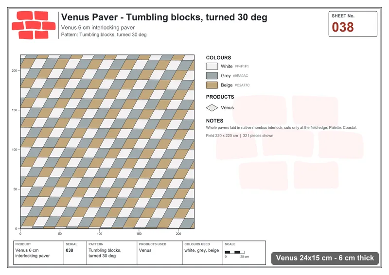 Interlock (Pasco) 24x15 cm · VEN-038 · Tumbling blocks, turned 30 deg · Laying plan