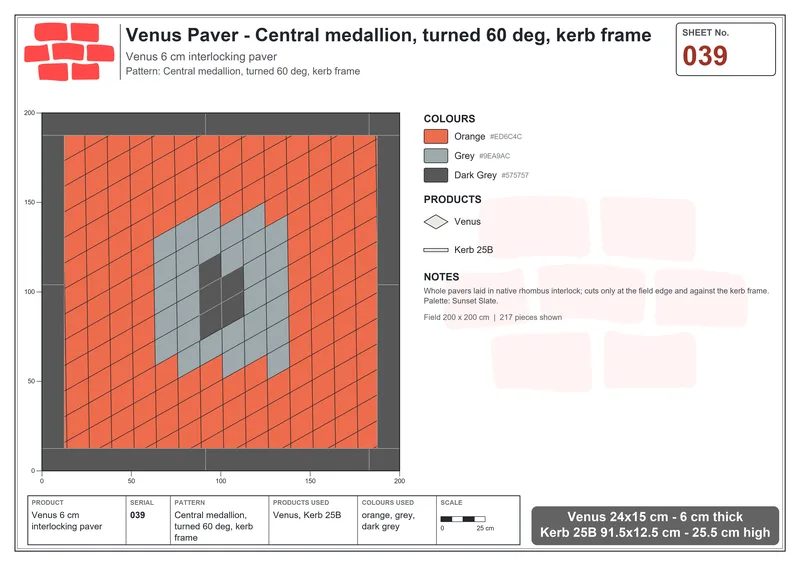 Interlock (Pasco) 24x15 cm · VEN-039 · Central medallion, turned 60 deg, kerb frame · Laying plan