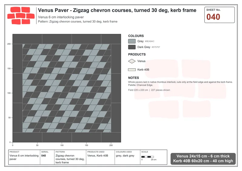 Interlock (Pasco) 24x15 cm · VEN-040 · Zigzag chevron courses, turned 30 deg, kerb frame · Laying plan