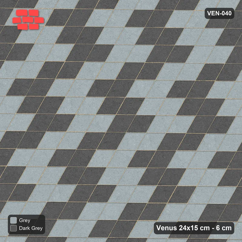 Interlock (Pasco) 24x15 cm · VEN-040 · Zigzag chevron courses, turned 30 deg, kerb frame · Top view Interlock (Pasco) 24x15 cm · VEN-040 · Zigzag chevron courses, turned 30 deg, kerb frame · Top view
