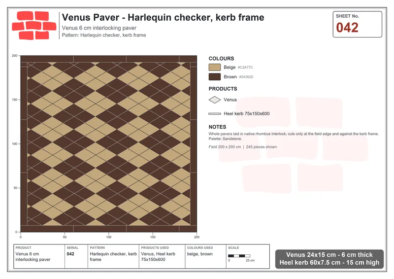 Interlock (Pasco) 24x15 cm · VEN-042 · Harlequin checker, kerb frame · Laying plan