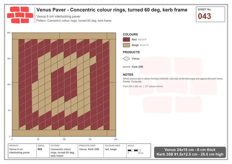 Interlock (Pasco) 24x15 cm · VEN-043 · Concentric colour rings, turned 60 deg, kerb frame · Laying plan