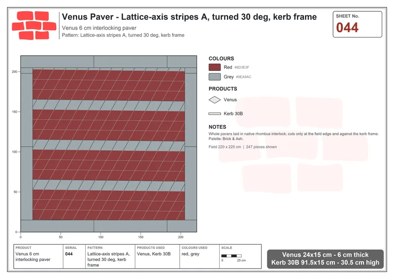 Interlock (Pasco) 24x15 cm · VEN-044 · Lattice-axis stripes A, turned 30 deg, kerb frame · Laying plan