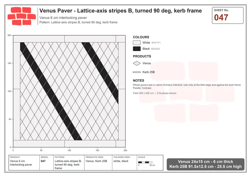Interlock (Pasco) 24x15 cm · VEN-047 · Lattice-axis stripes B, turned 90 deg, kerb frame · Laying plan