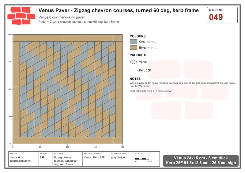 Interlock (Pasco) 24x15 cm · VEN-049 · Zigzag chevron courses, turned 60 deg, kerb frame · Laying plan