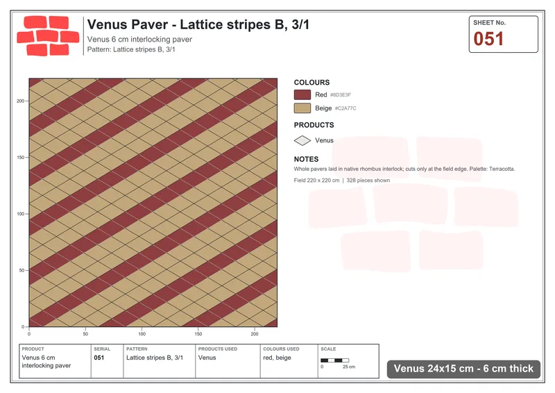 Interlock (Pasco) 24x15 cm · VEN-051 · Lattice stripes B, 3/1 · Laying plan