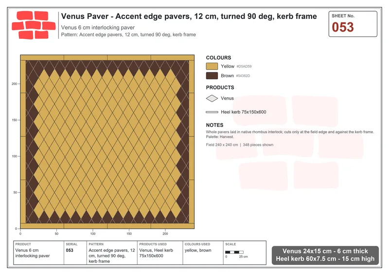 Interlock (Pasco) 24x15 cm · VEN-053 · Accent edge pavers, 12 cm, turned 90 deg, kerb frame · Laying plan