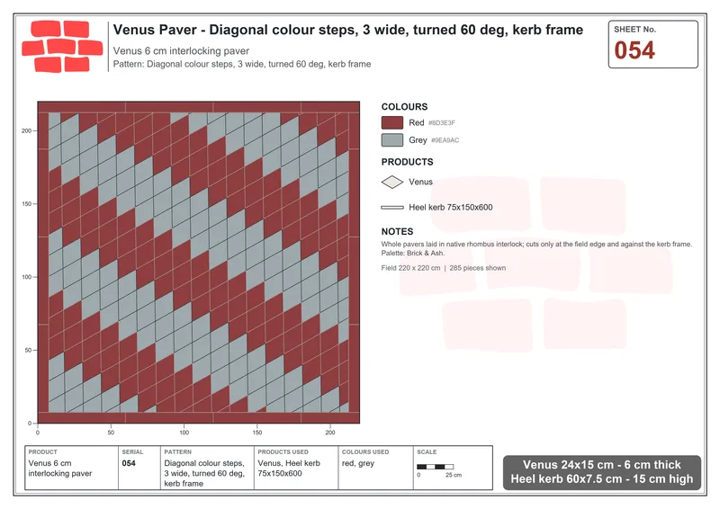 Interlock (Pasco) 24x15 cm · VEN-054 · Diagonal colour steps, 3 wide, turned 60 deg, kerb frame · Laying plan