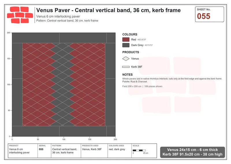 Interlock (Pasco) 24x15 cm · VEN-055 · Central vertical band, 36 cm, kerb frame · Laying plan