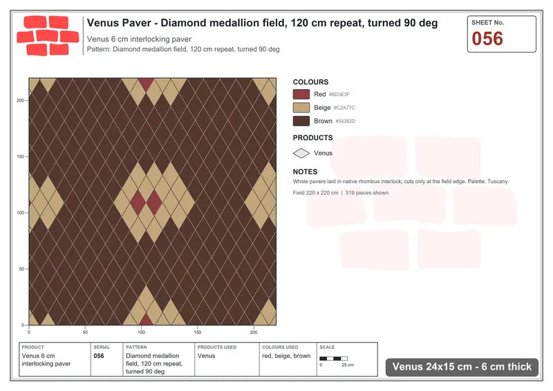 Interlock (Pasco) 24x15 cm · VEN-056 · Diamond medallion field, 120 cm repeat, turned 90 deg · Laying plan