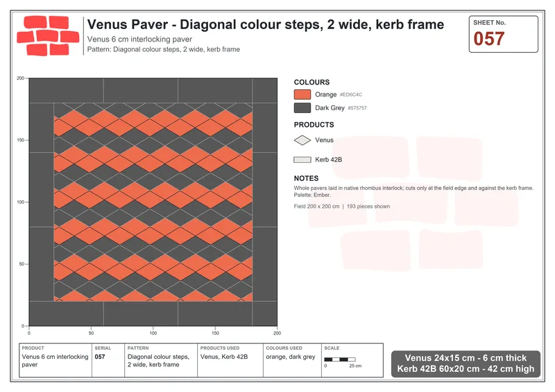 Interlock (Pasco) 24x15 cm · VEN-057 · Diagonal colour steps, 2 wide, kerb frame · Laying plan