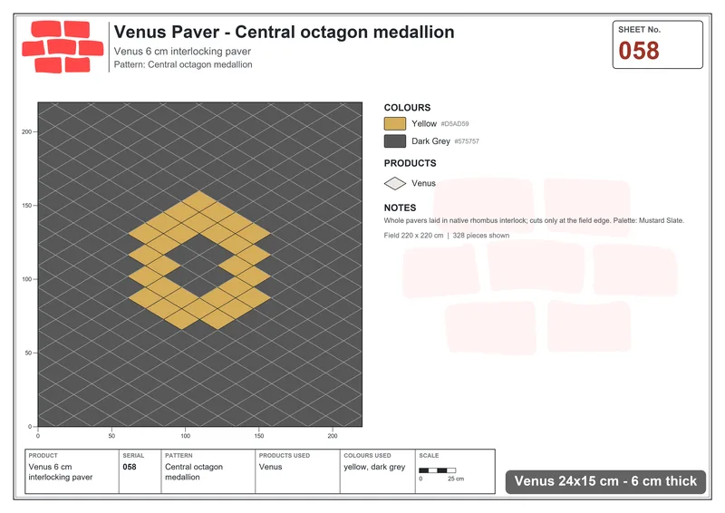 Interlock (Pasco) 24x15 cm · VEN-058 · Central octagon medallion · Laying plan