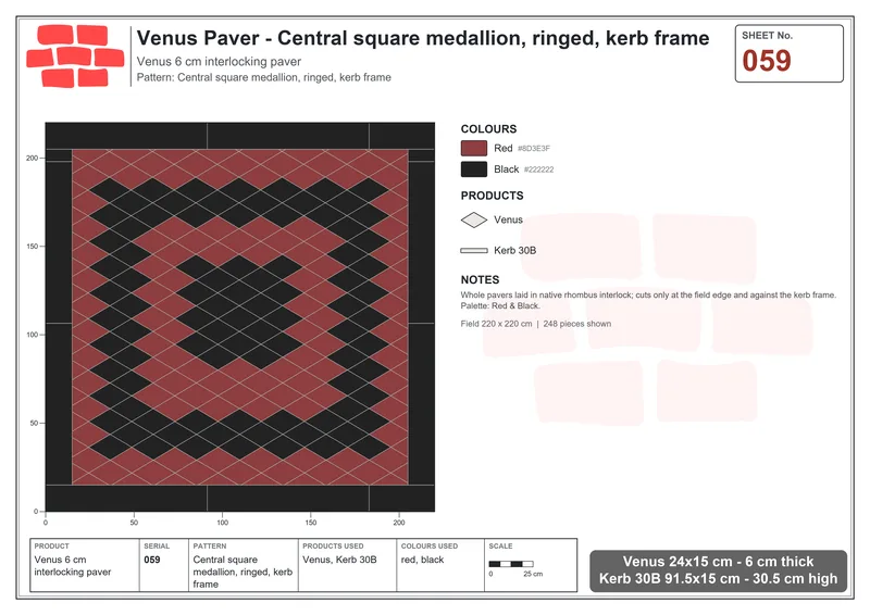 Interlock (Pasco) 24x15 cm · VEN-059 · Central square medallion, ringed, kerb frame · Laying plan