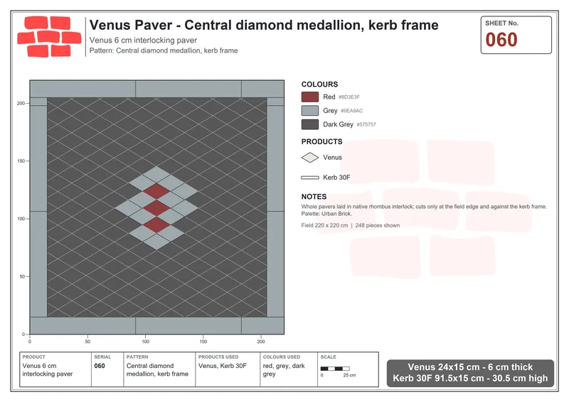 Interlock (Pasco) 24x15 cm · VEN-060 · Central diamond medallion, kerb frame · Laying plan
