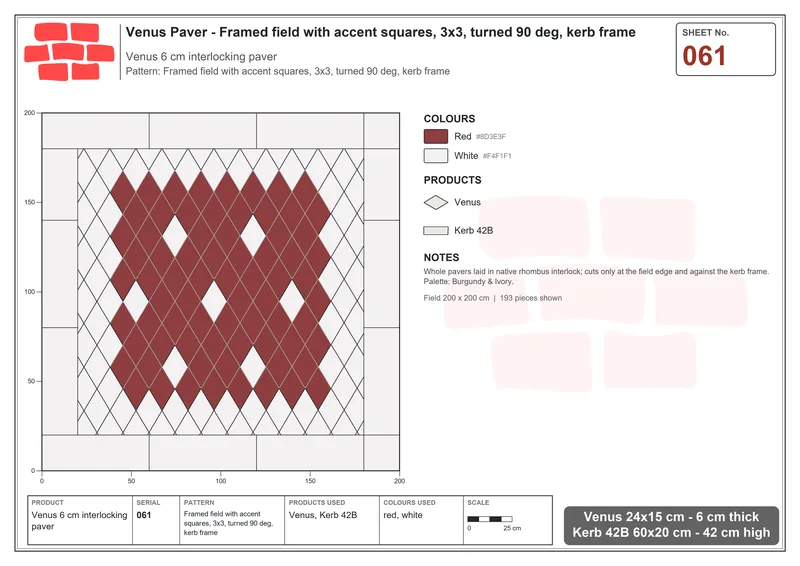 Interlock (Pasco) 24x15 cm · VEN-061 · Framed field with accent squares, 3x3, turned 90 deg, kerb frame · Laying plan