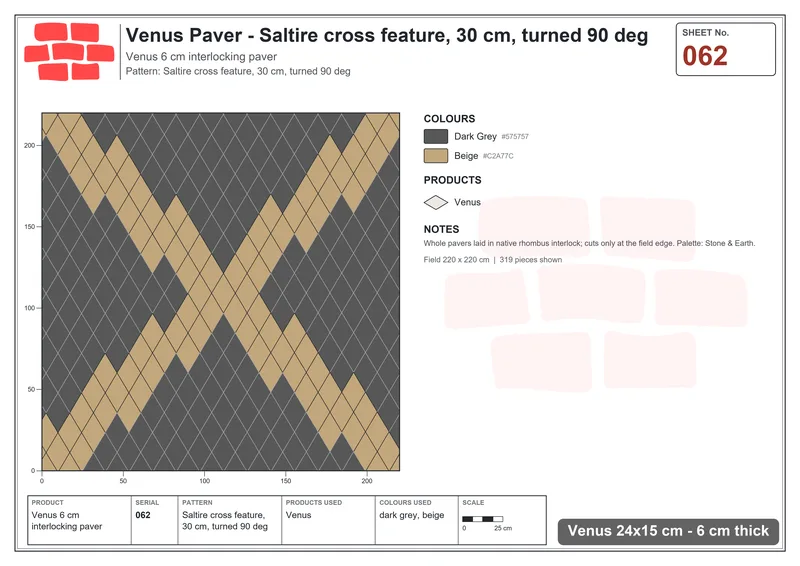 Interlock (Pasco) 24x15 cm · VEN-062 · Saltire cross feature, 30 cm, turned 90 deg · Laying plan