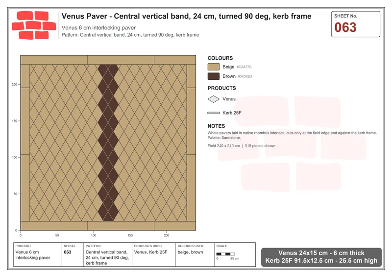 Interlock (Pasco) 24x15 cm · VEN-063 · Central vertical band, 24 cm, turned 90 deg, kerb frame · Laying plan