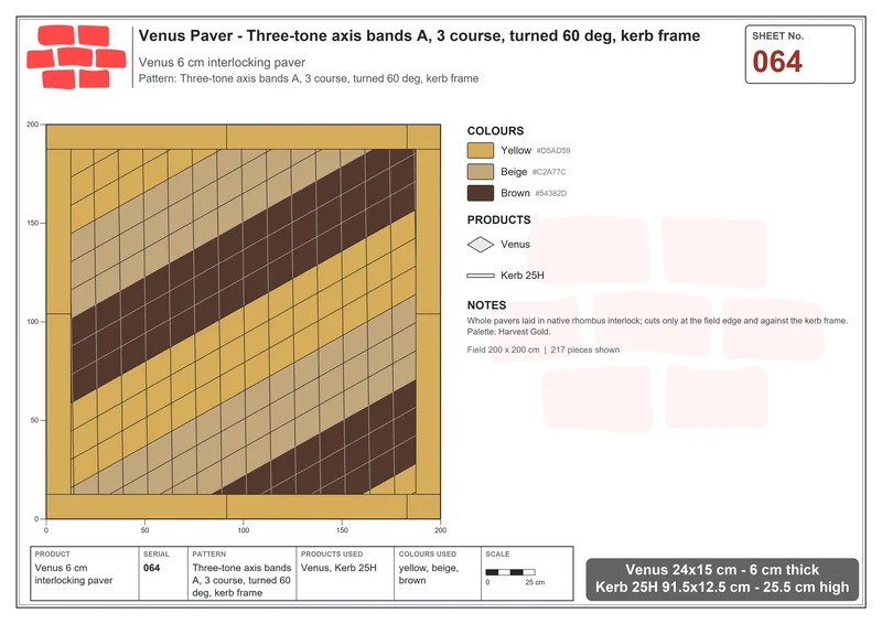 Interlock (Pasco) 24x15 cm · VEN-064 · Three-tone axis bands A, 3 course, turned 60 deg, kerb frame · Laying plan